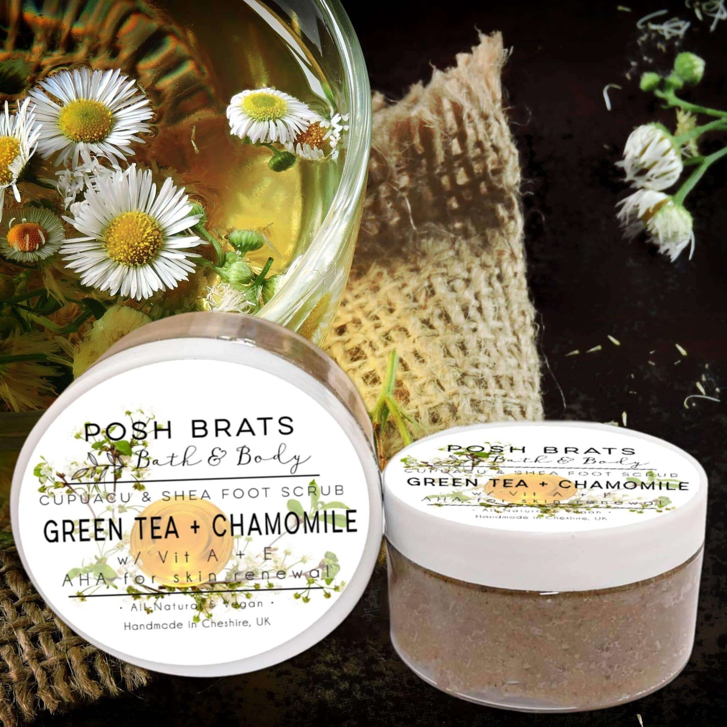 Experience a spa at home with our Green Tea Chamomile Cupuacu Shea Butter Foot Scrub. Say goodbye to rough feet!