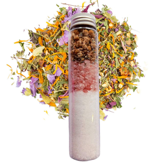Indulge in our Elizabethan Chamomile Lavender Botanical Bath Salt Tube for the ultimate relaxation bath experience.