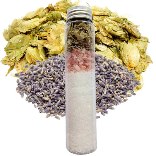 Relax and unwind with our Lavender Hops-infused Canterbury Hops Hidcote Mineral Botanical Bath Salt Tube.