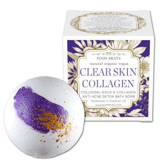 Experience luxury with Clear Skin Collagen 24k Gold Bath Bomb! A unique blend of collagen to rejuvenate your skin.