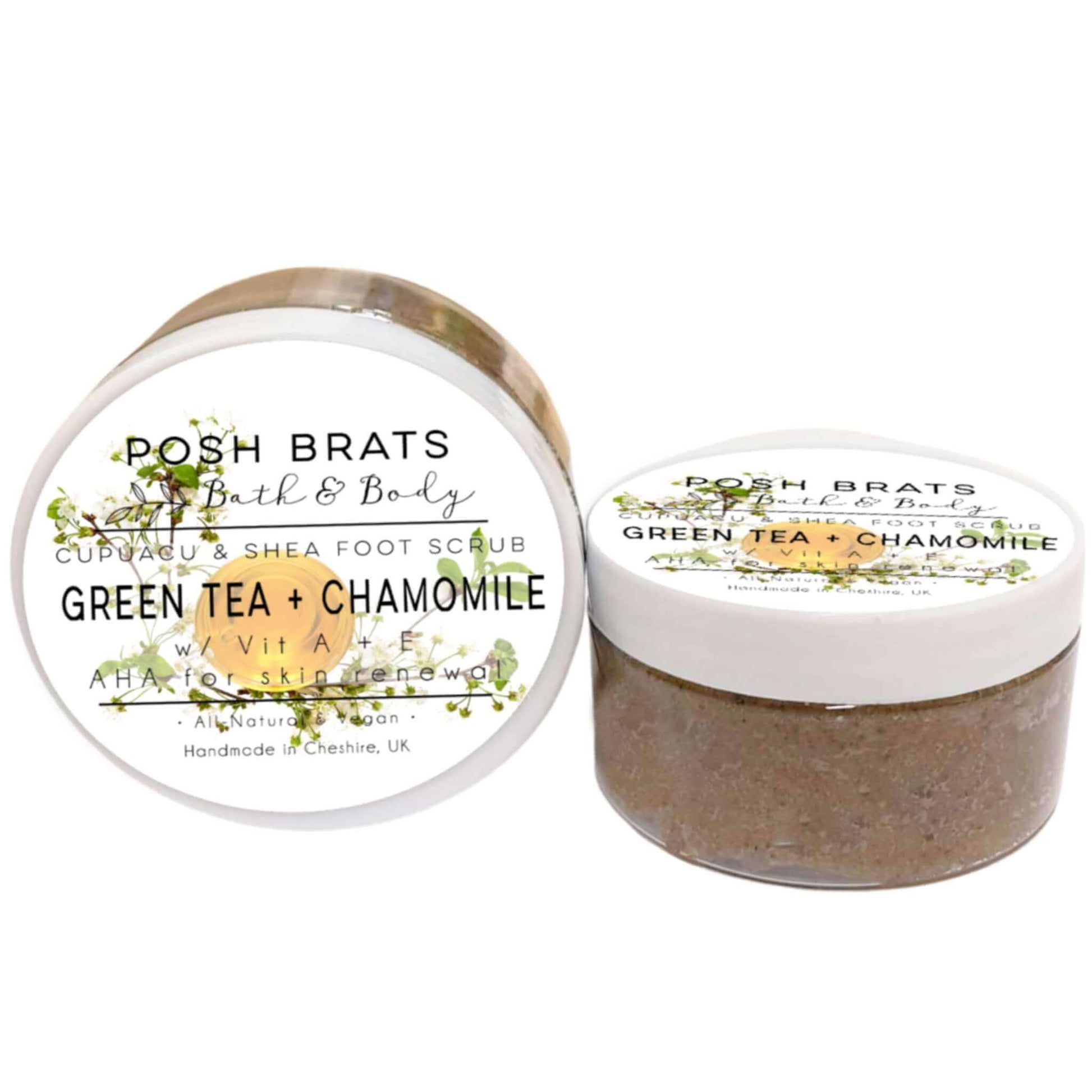 Revitalize your feet with Green Tea Chamomile Cupuacu Shea Butter Foot Scrub. It's natural, nourishing, and rejuvenating!